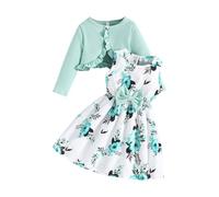 Little Girls Dress Sets Prints Sleeveless Bow High Waist A-line Swing Dress and Long Sleeve Open Front Cardigan (Mint Green, 6 Years)