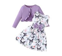 Little Girls Dress Sets Prints Sleeveless Bow High Waist A-line Swing Dress and Long Sleeve Open Front Cardigan (Light Blue, 5 Years)