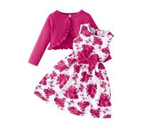 Little Girls Dress Sets Prints Sleeveless Bow High Waist A-line Swing Dress and Long Sleeve Open Front Cardigan (Watermelon Red, 4 Years)