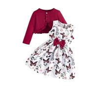 Little Girls Dress Sets Prints Sleeveless Bow High Waist A-line Swing Dress and Long Sleeve Open Front Cardigan (Wine, 6 Years)