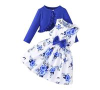 Little Girls Dress Sets Prints Sleeveless Bow High Waist A-line Swing Dress and Long Sleeve Open Front Cardigan (Blue, 5 Years)