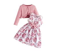 Little Girls Dress Sets Prints Sleeveless Bow High Waist A-line Swing Dress and Long Sleeve Open Front Cardigan (Hot Pink, 6 Years)