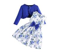 Little Girls Dress Sets Prints Sleeveless Bow High Waist A-line Swing Dress and Long Sleeve Open Front Cardigan (Dark Blue, 7 Years)