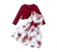 Little Girls Dress Sets Prints Sleeveless Bow High Waist A-line Swing Dress and Long Sleeve Open Front Cardigan (Red, 5 Years)