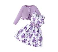 Little Girls Dress Sets Prints Sleeveless Bow High Waist A-line Swing Dress and Long Sleeve Open Front Cardigan (Navy, 7 Years)