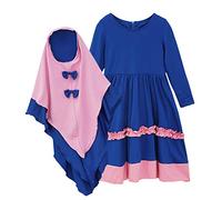 Little Girls Muslim Prayer Dress Abaya Dress Long Sleeve Hijab Kaftan Dubai Islamic Modest Eid Jilbab Baby Hijab Set My First Eid Baby Girl (Blue, 2-3 Years)