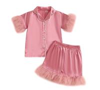 Little Girls Satin 2 Piece Shorts Pajama Set Button Down Shirt Feather Sleepwear Toddler Girls 2 Pcs Lounge Clothes Set For Baby Girl 0-10T (Pale Pinkish Grey, 8-9 Years)