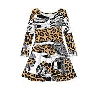 Little Girls Swing Long Sleeve T Shirt Dress Brown Patchwork Leopard Print Casual Elegant Fall Spring Skater Dress for Girls 5-6 Years Old