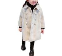 Little Girls Winter Long Jacket Fleece Double Breasted Woolen Coats Kids Button Front Warm Outwear Lapel Collar Long Sleeve Solid Plain Trench Coats (Beige, 9-10 Years)