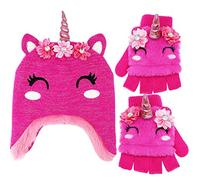Little Girls Winter Unicorn Beanie Hat and Gloves Set Kids Knitted Earflap Cap Flip Top Mitten Set, Rose Red, One_Size