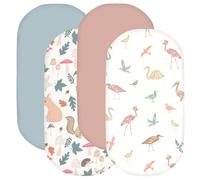 Little Grape Land Bassinet Sheets & Moses Basket 81×41cm, 4-Pack, Fits Oval/Rectangle/Round Mattress, Microfiber Fabric, Secure Elastic, Machine Washable,Woodland Birds