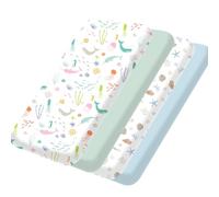 Little Grape Land Travel Cot Fitted Sheets 95×65cm (4 Pack), Travel Cot Mattress Sheets, Ultra Soft & Breathable Microfiber, 360° Elastic Snug Fit, Ocean Friends Prints with Solids, Machine Washable