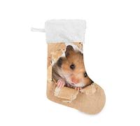 Little Hamster Looking Through a Cardboard Torn Hole 1 PC Christmas Stockings, Large Burlap Plush Faux Fur Cuff 18"x8" Stockings for Bed Stairs Fireplace Xmas Tree Party Accessory