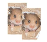 Little Hamster Looking Through a Cardboard Torn Hole 2 Pieces Face Towel, Absorbent Pure Cotton Dish Hand Towels, Soft Washcloth for Spa Bathroom Hotel Kitchen Beach Gym Yoga