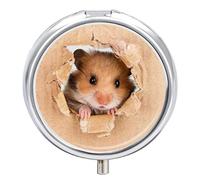 Little Hamster Looking Through a Cardboard Torn Hole Iron Pill Box Case Organizer with Internal Separate Plastic Dividers, Travel Small Medicine Bag Holder Carrier Round Container
