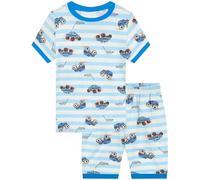 Little Hand Boys Monster Truck Full Print Pyjamas Set Toddler Kids Short Sleeve Pjs Blue White Stripe Sleepwear Outfit Age 1-2 Years