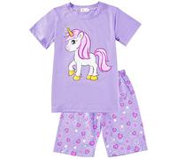 Little Hand Girls Pyjamas Set Unicorn Print Girls Pjs Short Sleeve Cotton Sleepwear Tops Shirts & Pants for Age 3-4 Years