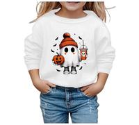 Little Kid Halloween Outfit Light Sweatshirt for Kids Girls Children Fashion Halloween Cute Printed Crew Neck Hoodless Long Sleeve Sweatshirt Butter Hoodies for Big Girls (White, 5-6 Years)