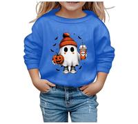 Little Kid Halloween Outfit Light Sweatshirt for Kids Girls Children Fashion Halloween Cute Printed Crew Neck Hoodless Long Sleeve Sweatshirt Butter Hoodies for Big Girls (Blue, 3-4 Years)