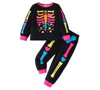 Little Kid Halloween Outfit Year Kid Boys Halloween Outfit 2 Piece Pajama Set Long Sleeve Top and Pants Casual Wear with Cartoon Skeleton Print Boys Two Men (Black, 5-6 Years)