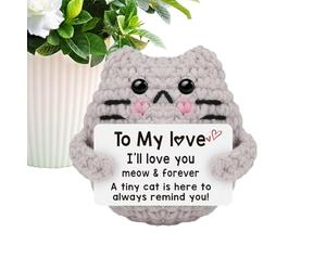 Little Knitted Positive Cat Crochet Gift - Handmade Soft Yarn Plush Animal Inspirational Message Design, Durable Stitching Compact Size, Aesthetic Collectible Item | Usage Giving Motivation And