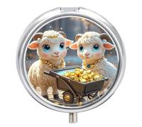 Little Lamb Brings Wealth Pill Box - 3 Compartment, Round Metal Pill Case with Mirror, Portable Medicine Holder for Purse/Wallet/Travel
