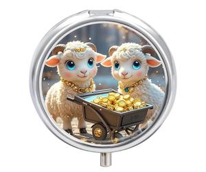 Little Lamb Brings Wealth Pill Box - 3 Compartment, Round Metal Pill Case with Mirror, Portable Medicine Holder for Purse/Wallet/Travel