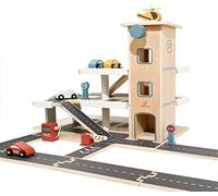 Little Log Large Wooden Parking Garage, Toy Garage for Kids Ages 3+ | Includes 4 cars, helicopter, elevator & gas station. Modular roads for free layouts. Size: 70x50x36.5 cm