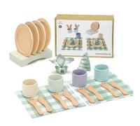 Little Log Wooden Dish Set - 21-Piece 4 Place Settings with Plates, Cups, Cutlery & Fabric Napkins, Montessori Pretend Kitchen Role Play Accessory for Girls & Boys Age 3+