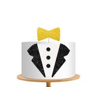 Little Man Cake Topper, Little Boss Cake Decor, Black&Gold Glitter Tuxedo Bow Tie Dessert Cake Topper for Baby Shower, Welcome Baby Boy/Men Birthday Party Supplies