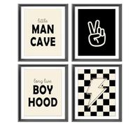 Little Man Cave Retro Preppy Checkered Lightning Peace Sign Long Live Boyhood Poster Prints for Boy Teen Room Dorm Decor, Preppy Yellowish-Black Decorations Prints Wall Art Unframed 4pcs 8x10inches