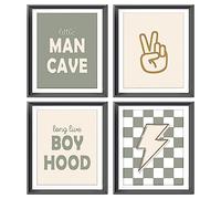Little Man Cave Retro Preppy Checkered Lightning Peace Sign Long Live Boyhood Poster Prints for Boy Teen Room Dorm Decor,Preppy Decorations Prints Wall Art Unframed 4pcs 8x10inches,Teen Boys Gifts