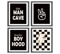 Little Man Cave Retro Preppy Checkered Lightning Peace Sign Long Live Boyhood Poster Prints for Boy Teen Room Dorm Decor,Preppy Decorations Prints Wall Art Unframed 4pcs 8x10inches,Teen Boys Gifts