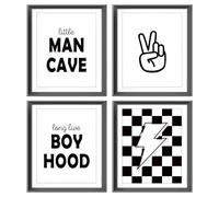 Little Man Cave Retro Preppy Checkered Lightning Peace Sign Long Live Boyhood Poster Prints for Boy Teen Room Dorm Decor,Preppy Decorations Prints Wall Art Unframed 4pcs 8x10inches,Teen Boys Gifts