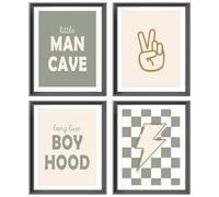 Little Man Cave Retro Preppy Checkered Lightning Peace Sign Long Live Boyhood Poster Prints for Boy Teen Room Dorm Decor,Preppy Decorations Prints Wall Art Unframed 4pcs 8x10inches,Teen Boys Gifts