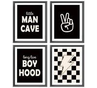 Little Man Cave Retro Preppy Checkered Lightning Peace Sign Long Live Boyhood Poster Prints for Boy Teen Room Decor,Preppy Decorations Prints Wall Art Unframed 4pcs 12x16inches,Teen Boys Gifts(black)