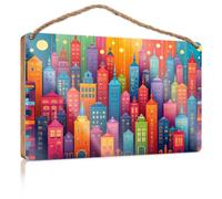 Little Man Cave Wood Signs A Colorful Cityscape with Vibrant Buildings Wooded Sign Home Decor Ideas Kitchen Box Signs(20X30CM)