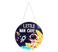 Little Man Outer Space Theme Sign, 30cm/12in Round Hanging Wall Decor Astronaut Cave Themed Wooden Plaque for Boys Bedroom Nursery Playroom Kids Room Art Decorations