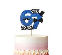 Little Man Six Seven Cake Topper, Funny 6 7 Birthday Cake Decor, Blue&Black Glitter Gen Z Party Cake Topper for Boy Man, Tuxedo Themed 7th Birthday Party Decoration