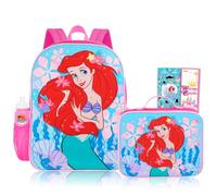 Little Mermaid Backpack with Lunchbox Set for Girls School Bundle + More | 16in Large Durable Ariel Bookbag w/ Insulated Lunch Box Plus Water Bottle, Stickers, More - Little Mermaid School Supplies