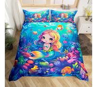 Little Mermaid Bedding Set Single,Watercolor Cartoon Sealife Duvet Cover 2pcs for Kids Boys Men Youth,Colorful Underwater World Comforter Cover,Cute Fish Coral Quilt Cover,Not Comforter