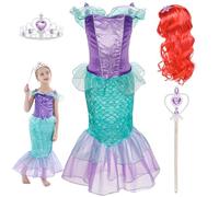 Little Mermaid Princess Costume with Wig Crown and Magic Wand, Girls Mermaid Costume for Halloween Cosplay Outfit 3-4 Years