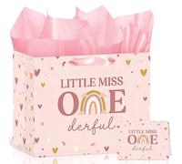 Little Miss Onederful 1st Birthday Gift Bag with Card & 3 Sheets Pink Tissue Paper, Boho Rainbow Present Bag for Girls, Luxury First Birthday Wrap for Daughter Granddaughter 1 Year Old