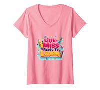 Little Miss Pre K Ready to Learn School Graphic V-Neck T-Shirt, Women, Pink, XL