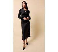 Little Mistress Black Satin Feather Trim Sleeve Midaxi Dress Black 8