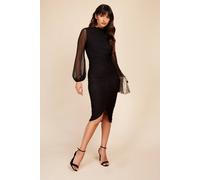 Little Mistress Black Spot Mesh Ruched Midi Dress Black 8