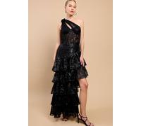 Little Mistress Black Tiered Ruffle One Shoulder Sequin Maxi Dress Black 14
