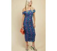 Blue Floral Print Ruched Bardot Midi Dress, 16