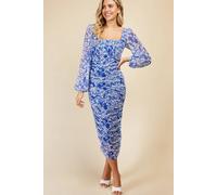Little Mistress Blue Floral Print Ruched Midi Bodycon Dress Blue 10