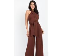 Little Mistress Chocolate Brown Bow Back Halter Jumpsuit Brown 16